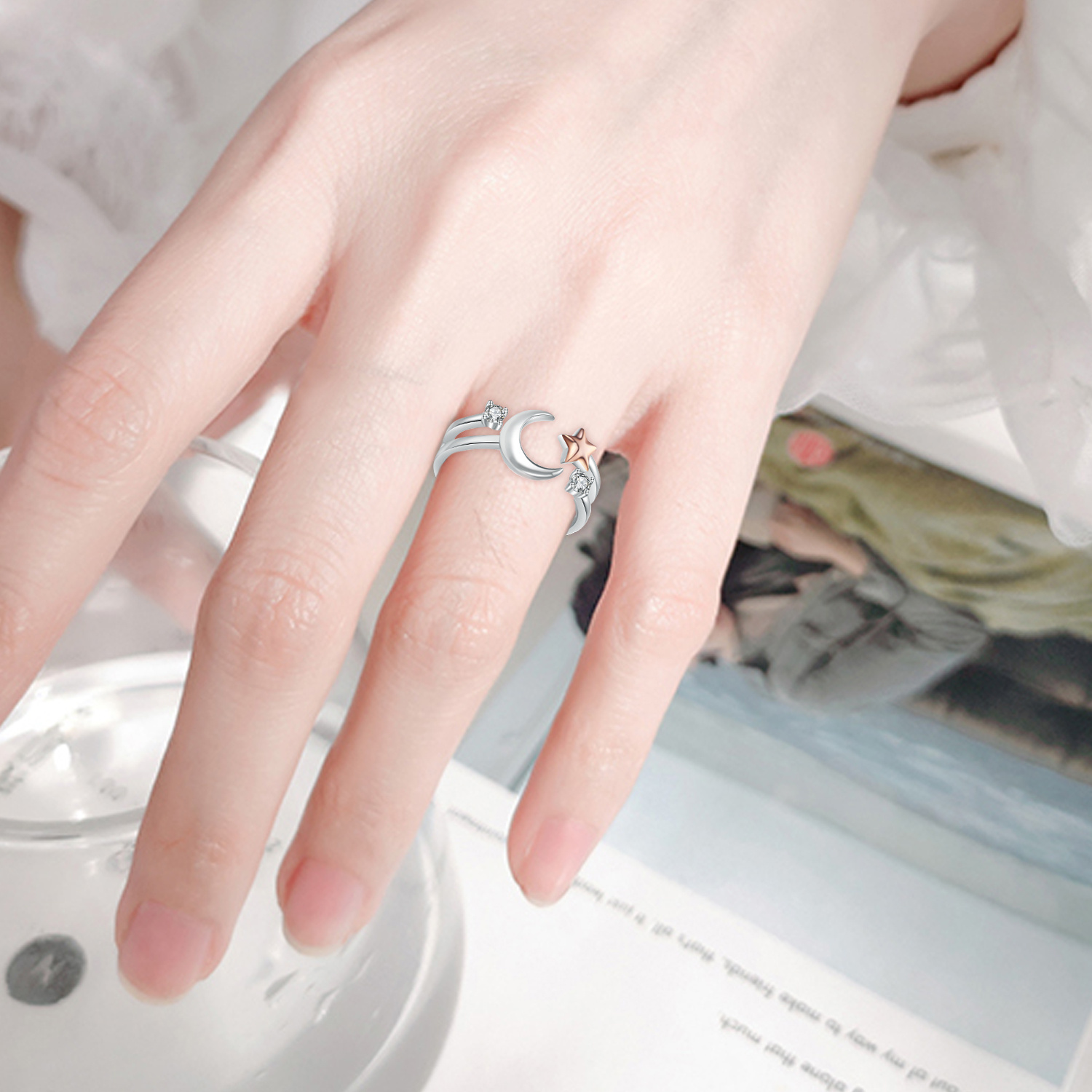 Moon Ring 925 Sterling Silver Crescent Moon Star Ring Adjustable Open Ring